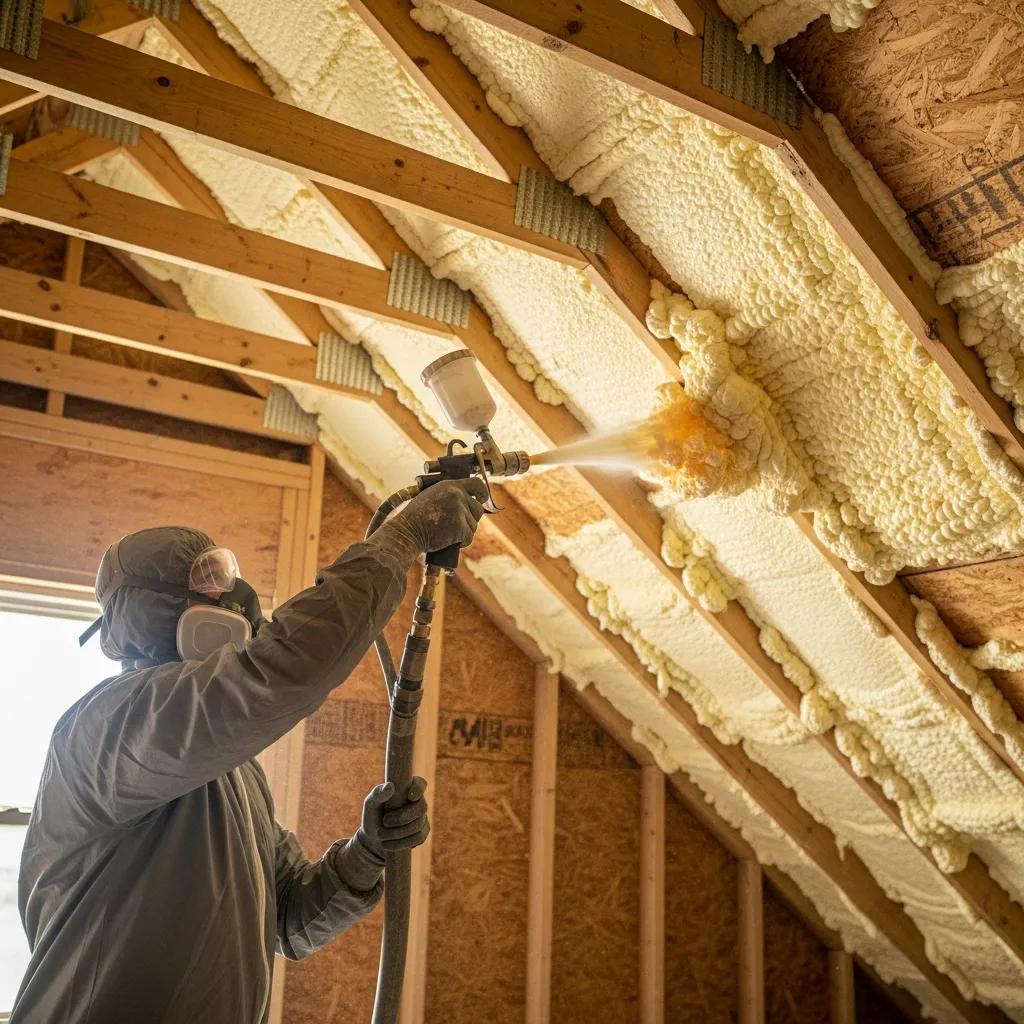 Professional applying spray foam insulation in a home's attic, enhancing energy efficiency and thermal performance.